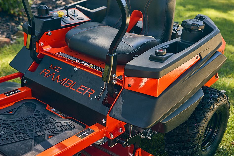 Orange and black zero-turn lawn mower, 