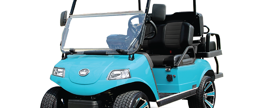 Blue golf cart with black seats and wheels on a white background.