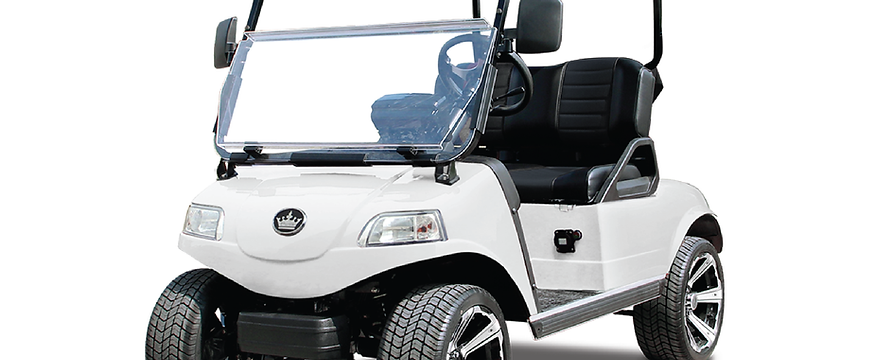 White golf cart with black seats, tires, and roof supports, on a white background.