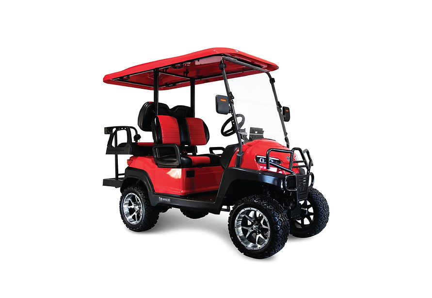 Red golf cart with black accents, rugged tires, and a windshield.