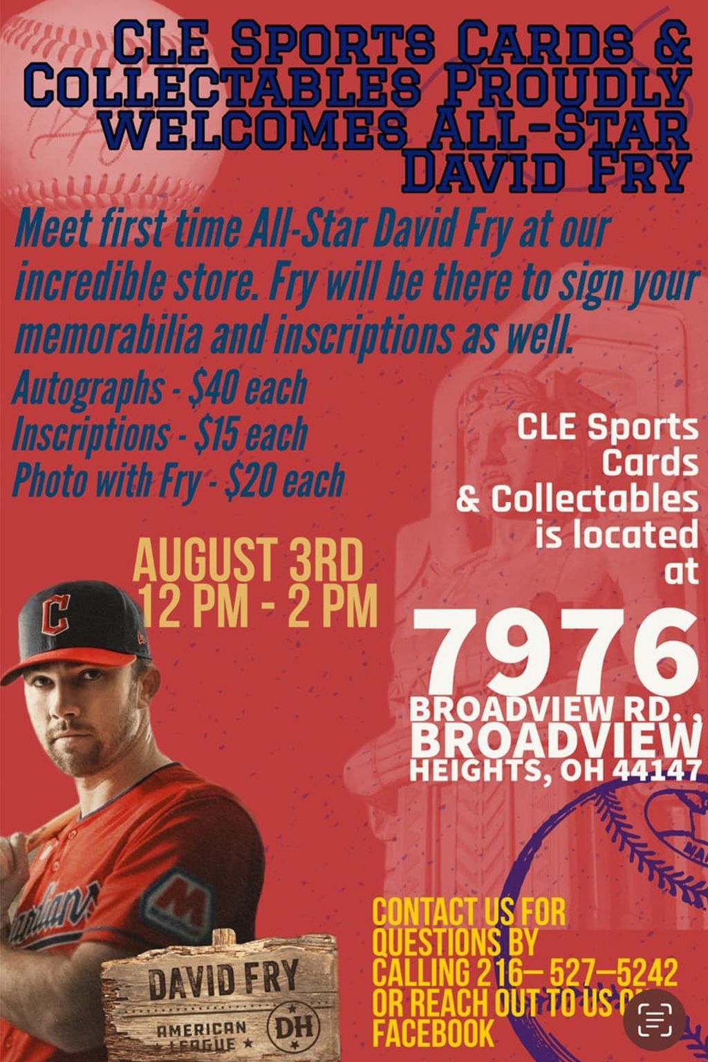 Promotional poster for David Fry autograph signing at CLE Sports Cards & Collectables in Broadview Heights, OH on August 3rd, 12-2 PM.
