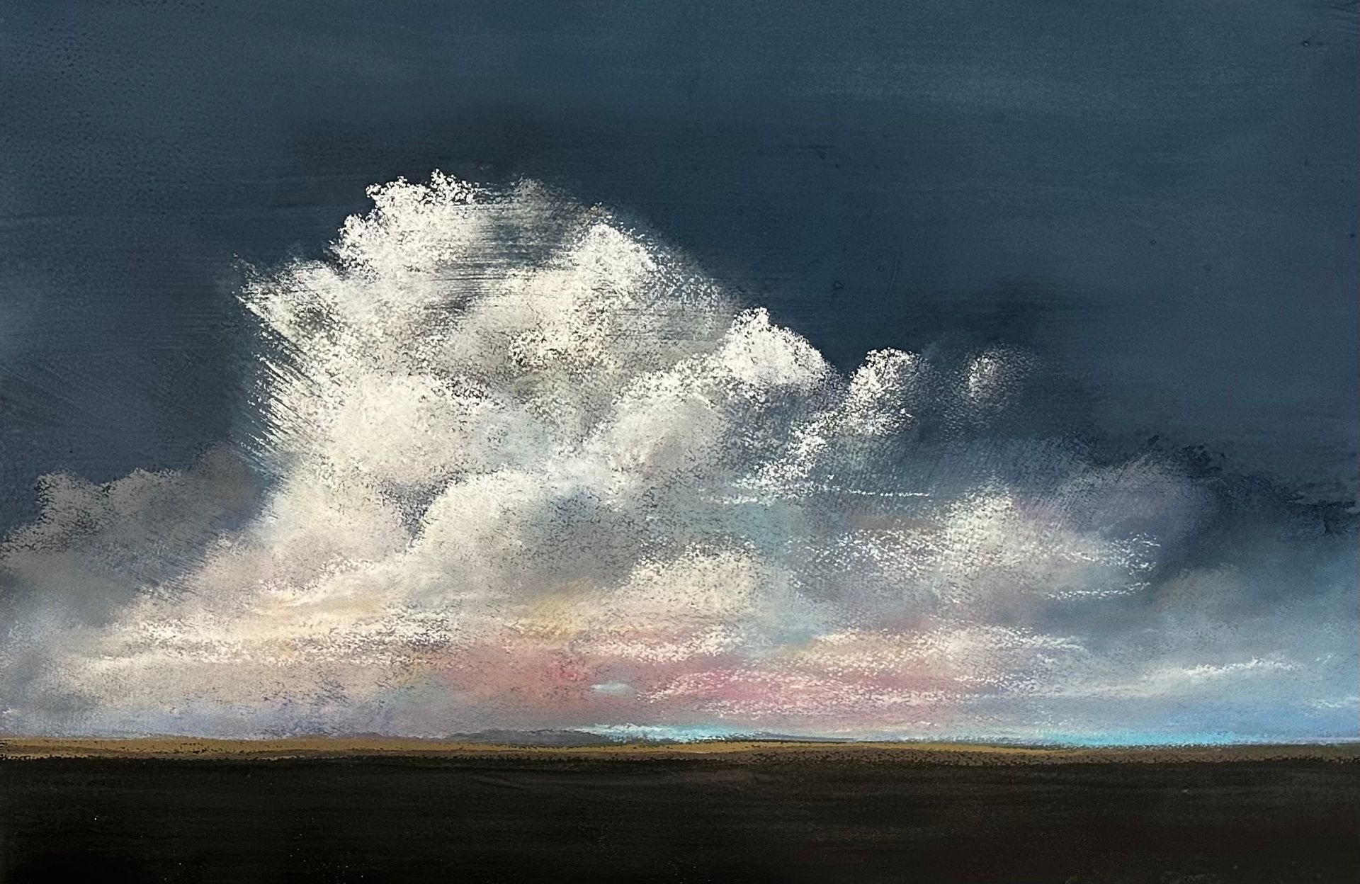 a painting of a cloud in the sky over a field .