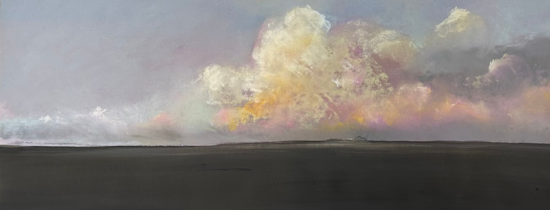 it is a painting of a cloudy sky over a field .