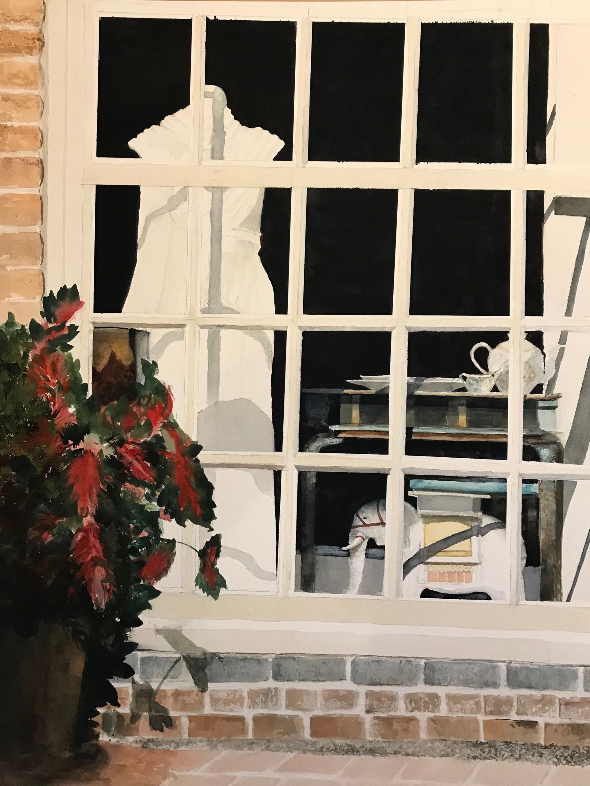a painting of a window with a plant in front of it