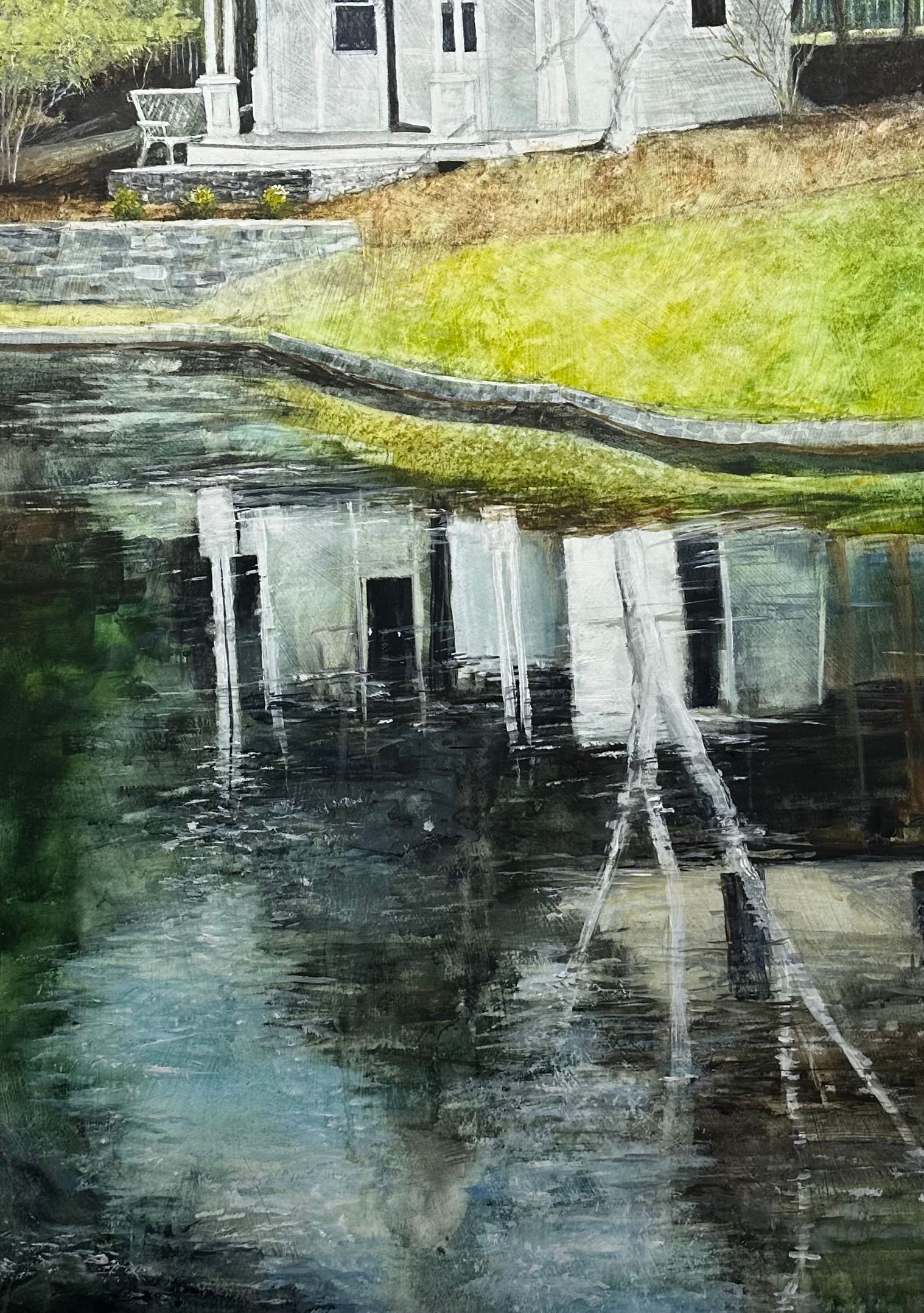 a painting of a house reflected in a body of water .