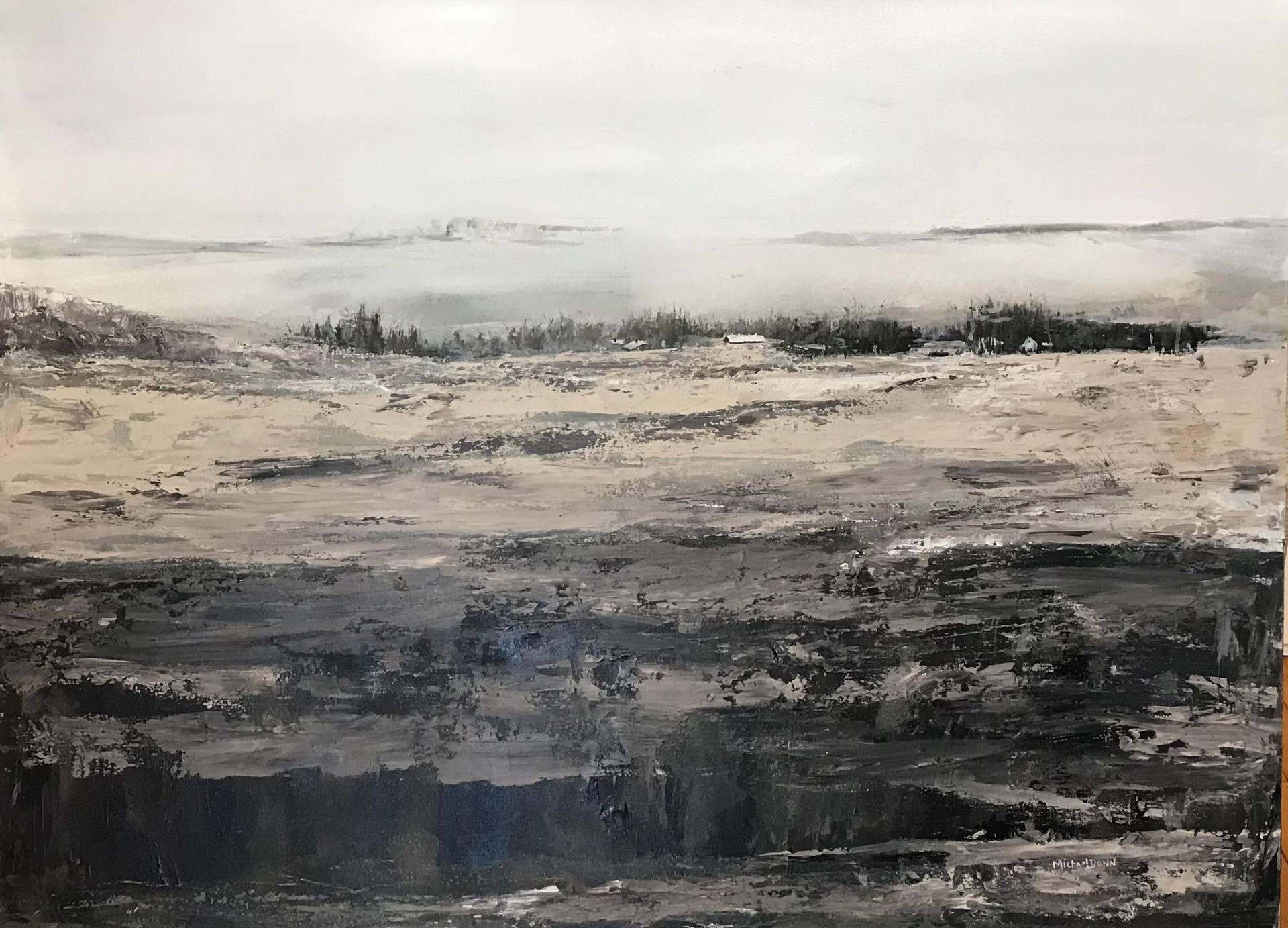 a black and white painting of a desert landscape