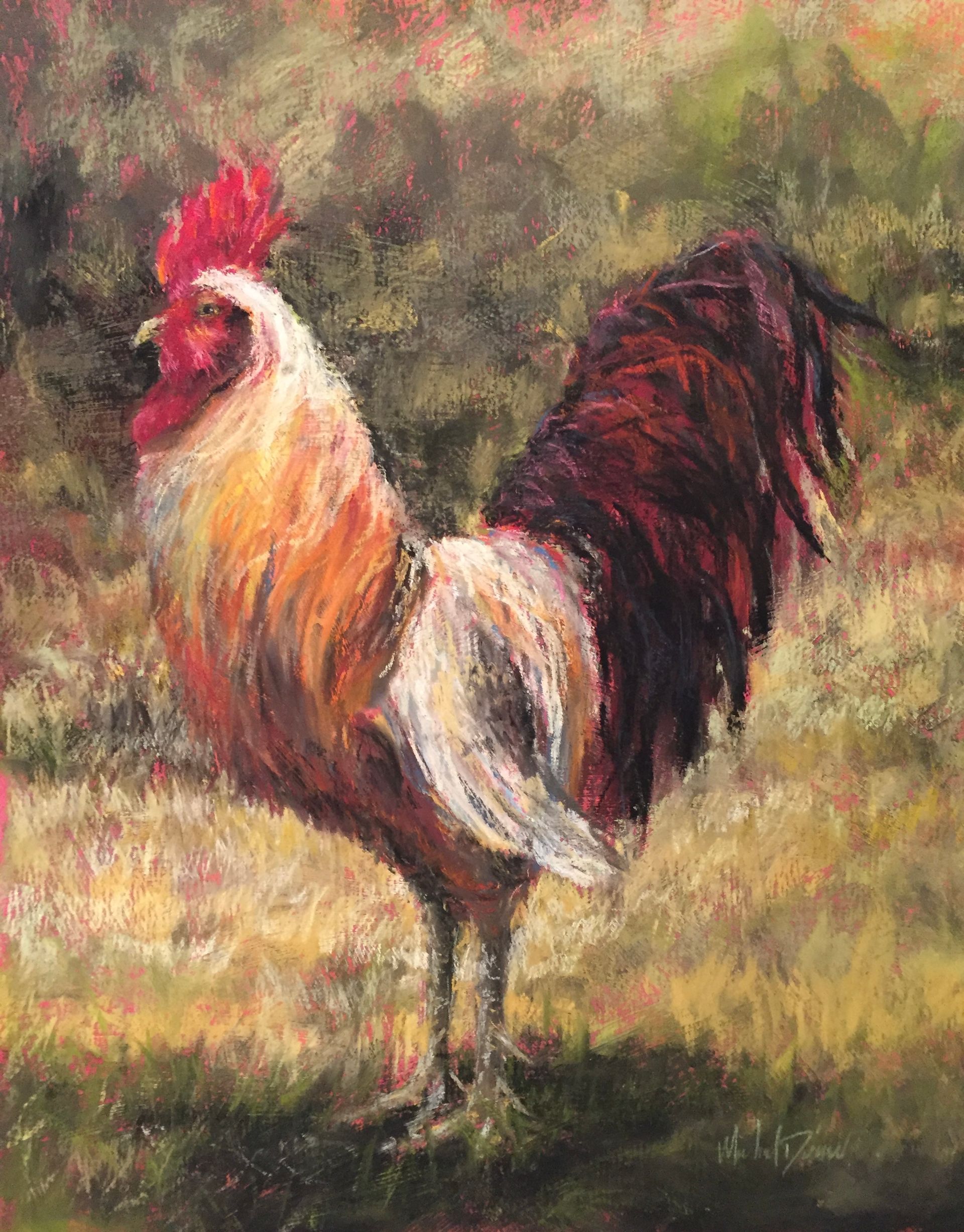 a rooster is standing in the grass in a painting .