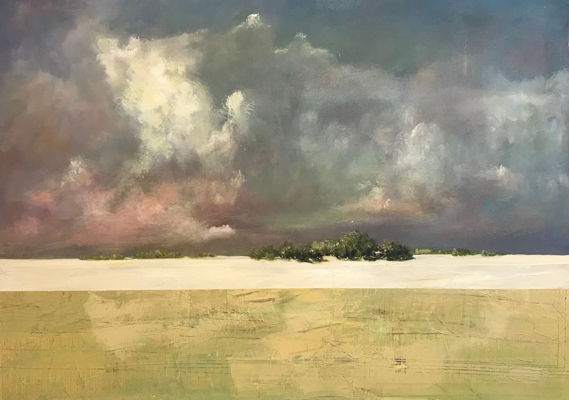 a painting of a field with trees in the distance and clouds in the sky .