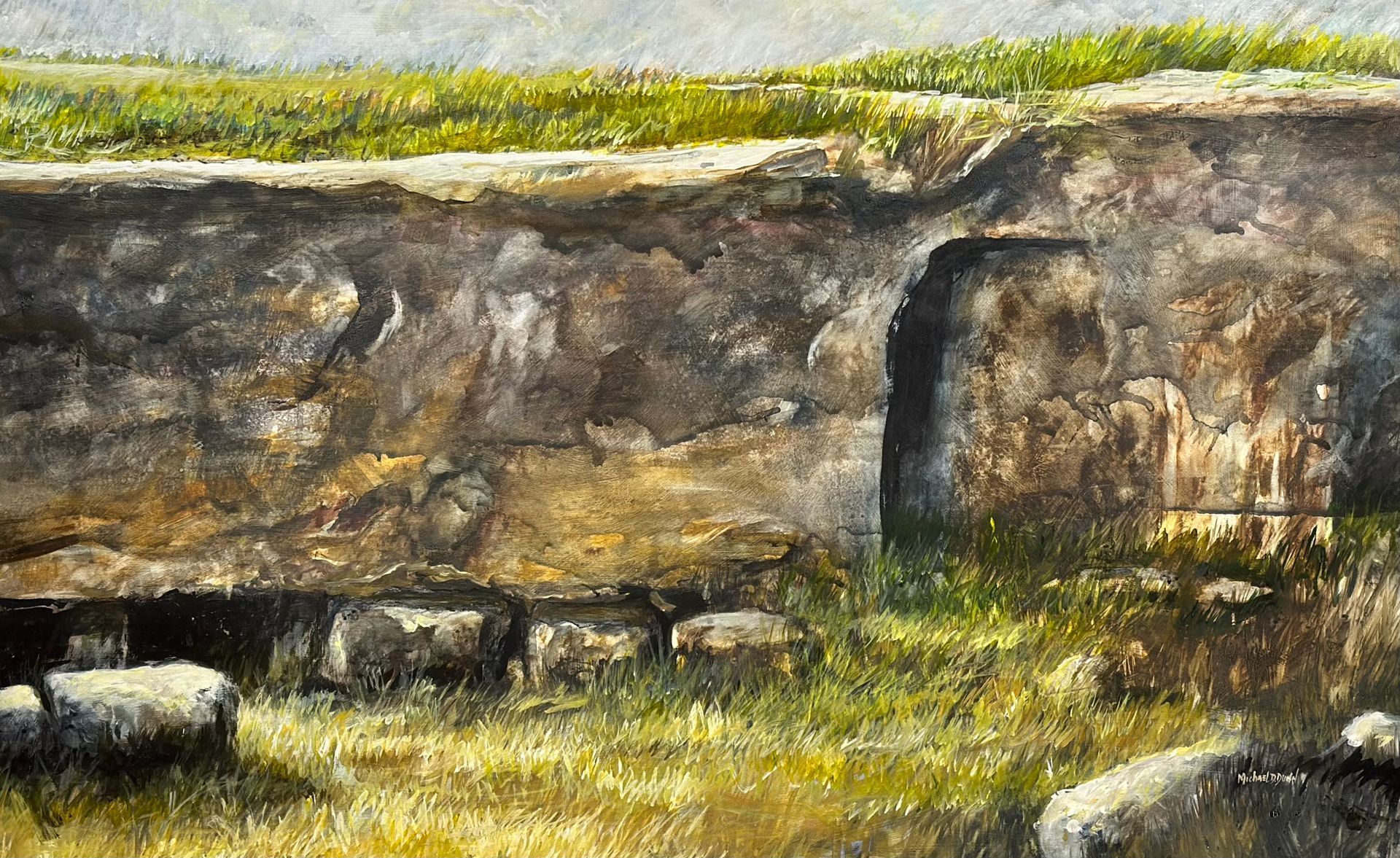 A painting of a large rock in the middle of a field.