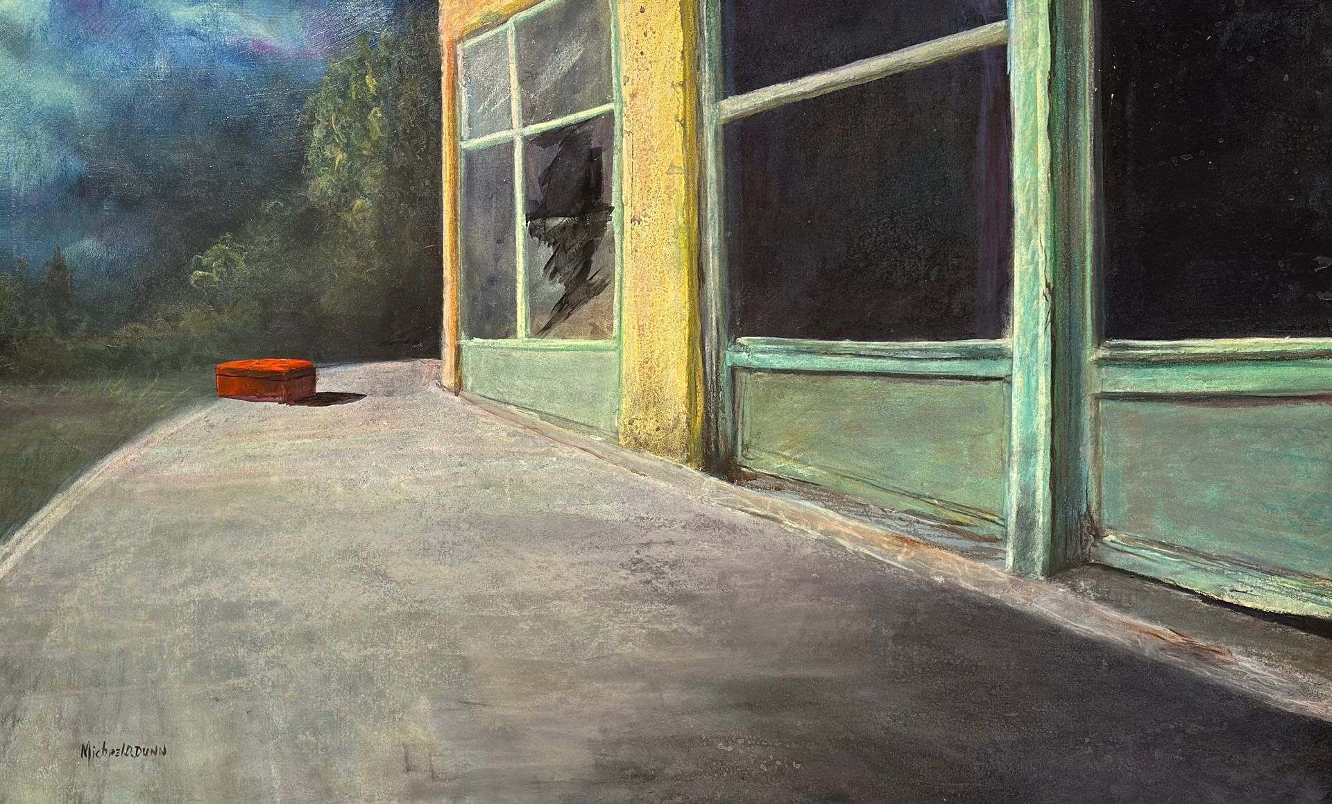 A painting of a building with a suitcase in front of it.