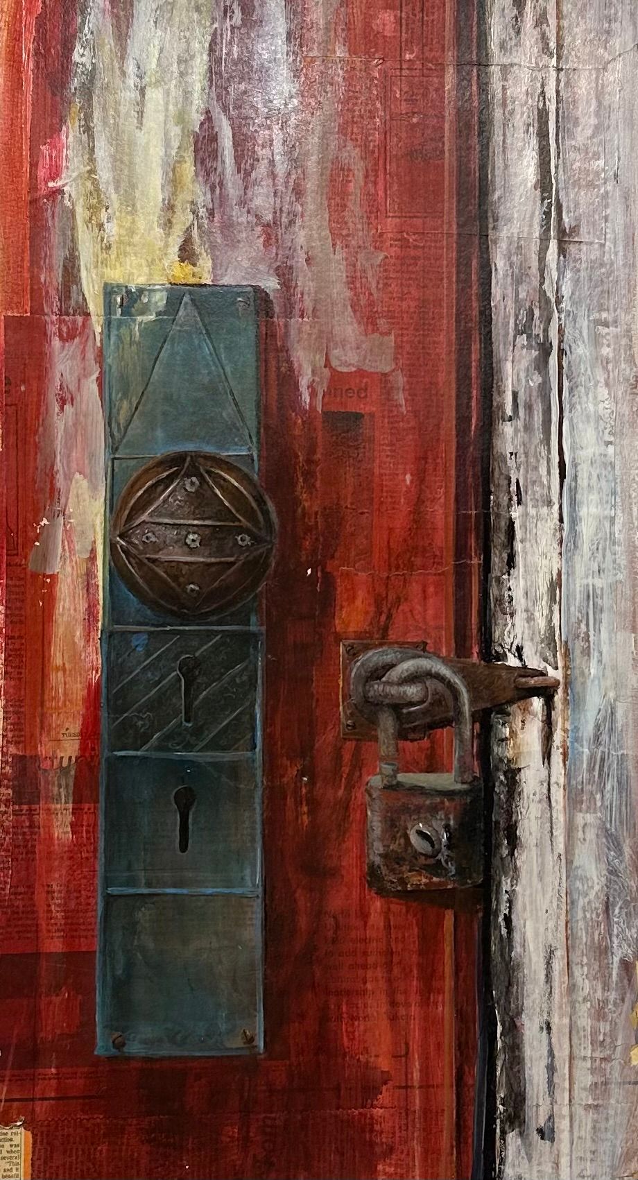 A painting of a door with a padlock on it.