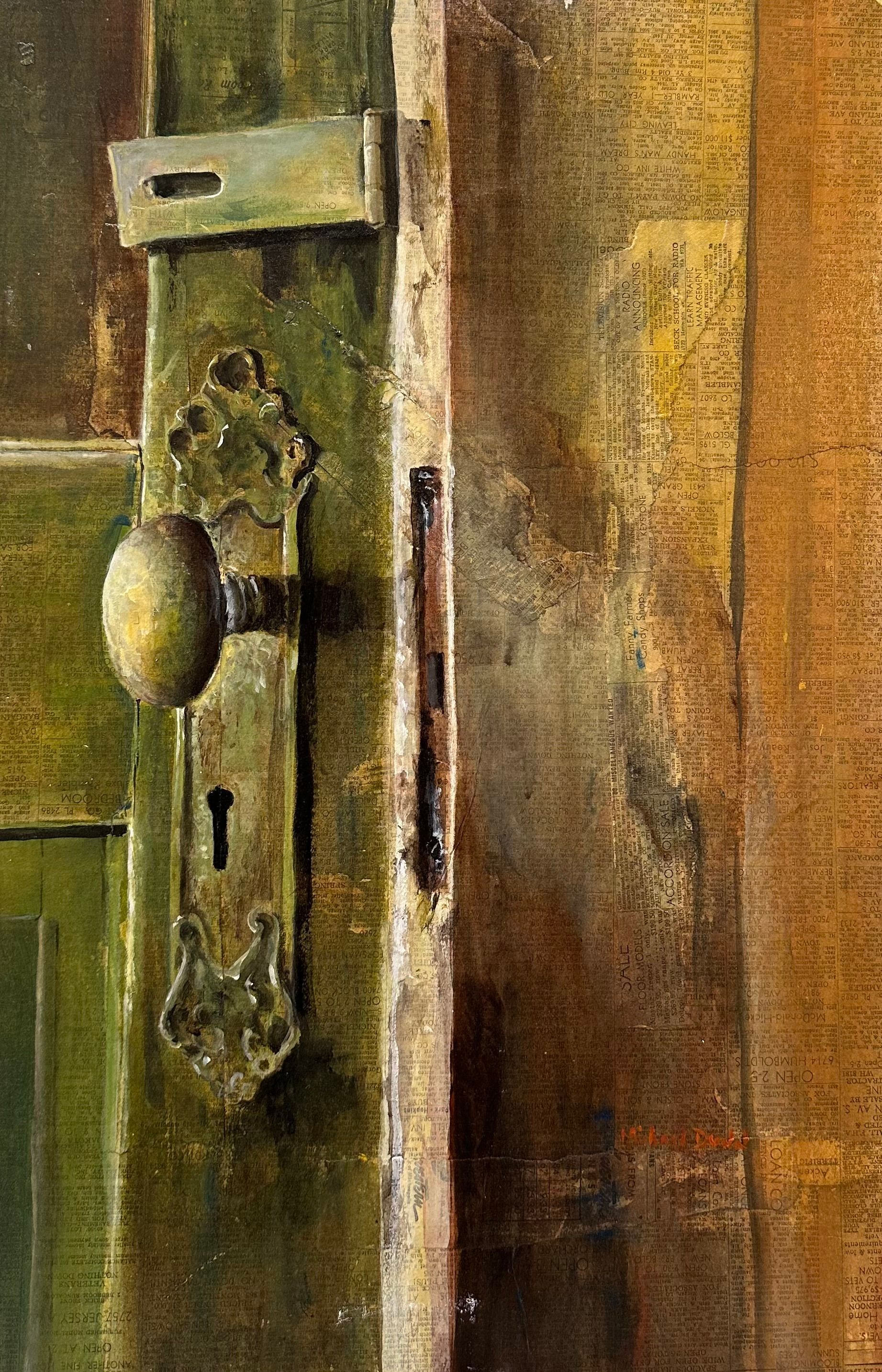 It is a painting of a door with a key in it.
