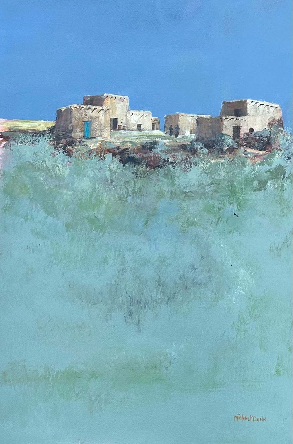 A painting of a castle on top of a hill with a blue sky in the background.