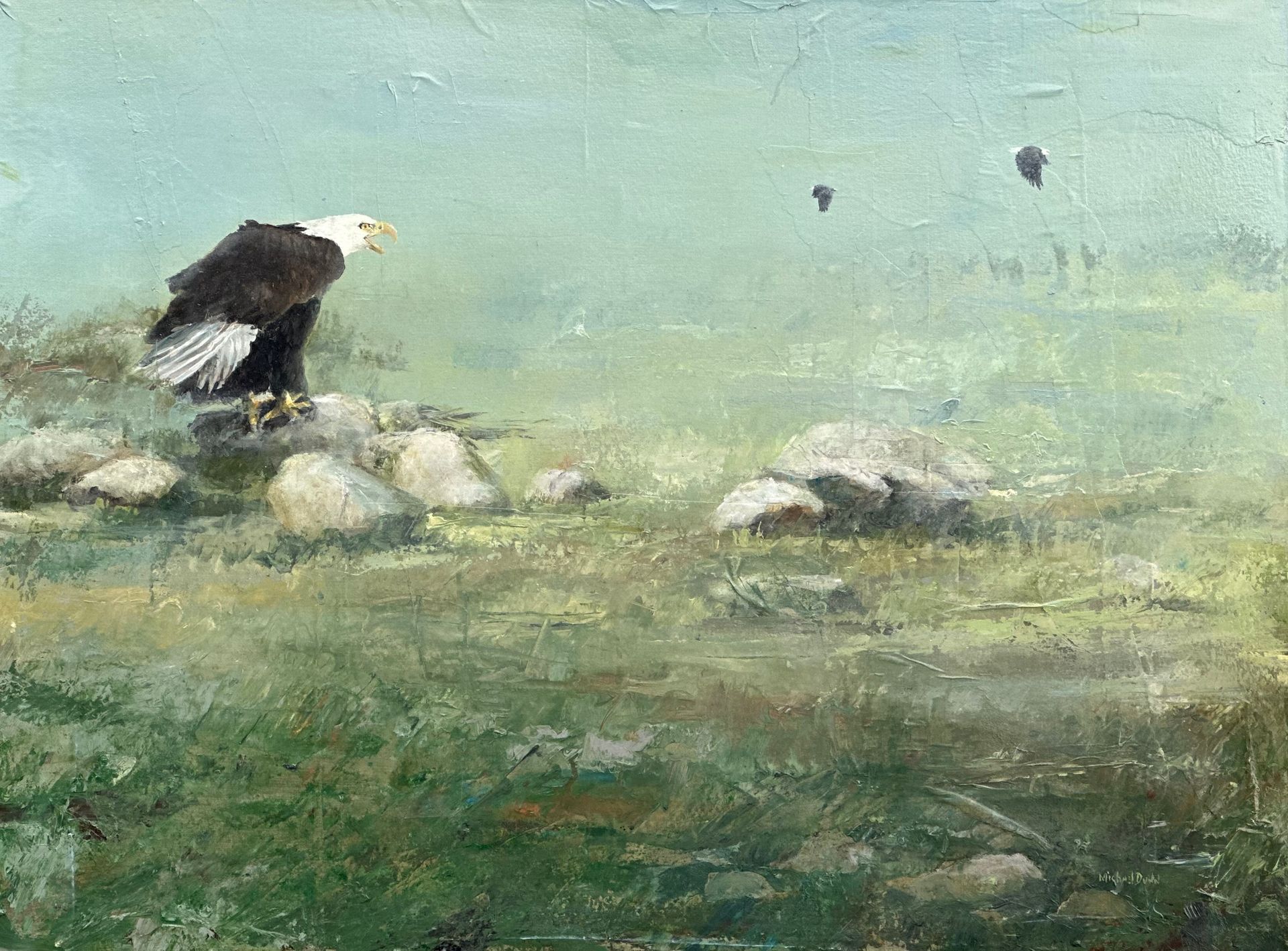 A bald eagle is perched on a rock near the water in a painting.