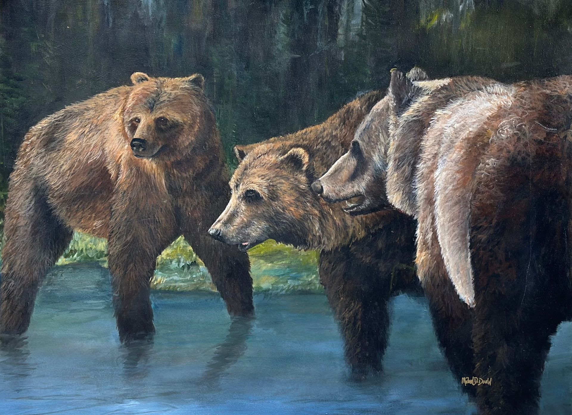 A painting of three bears standing in a body of water.