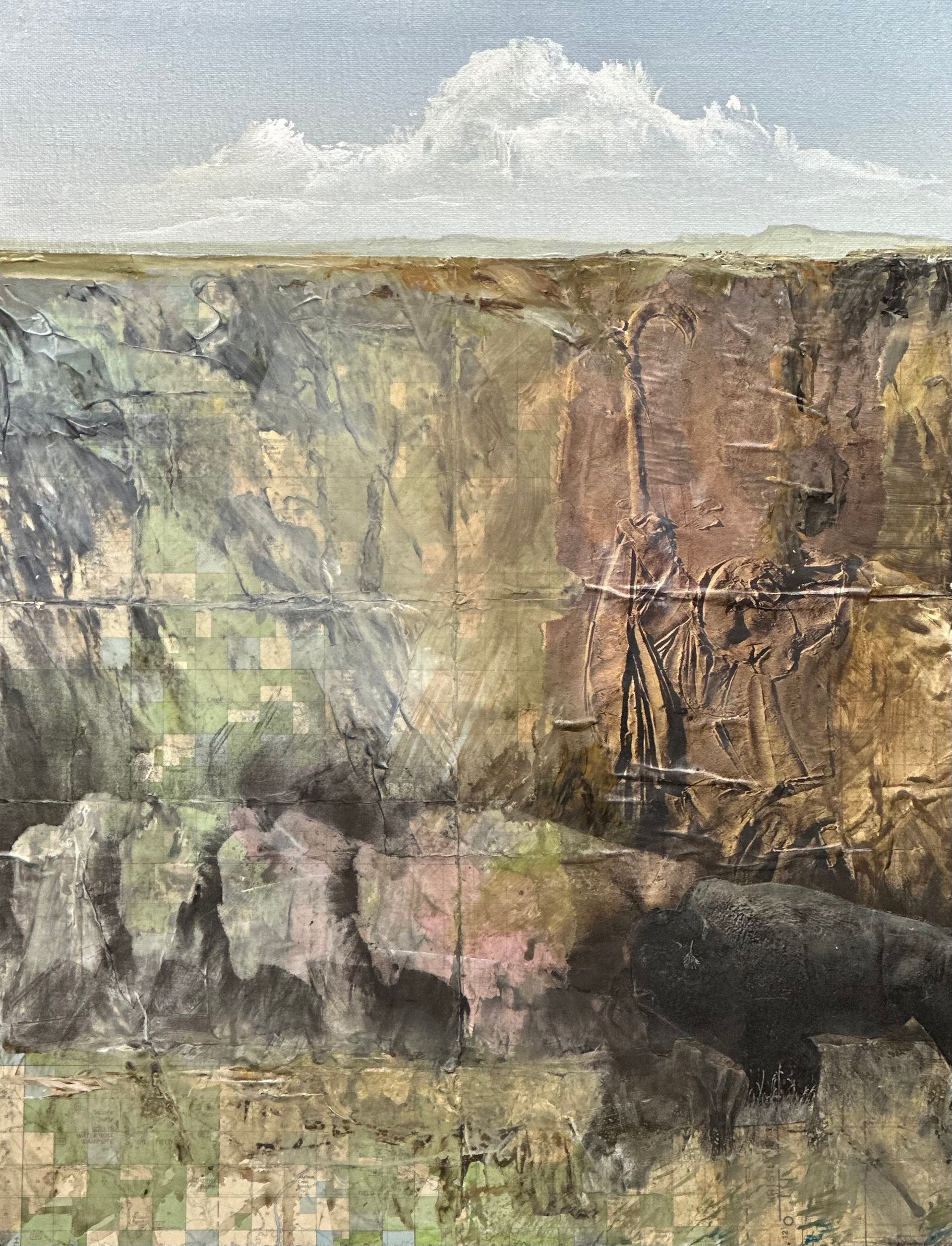 A painting of a cliff with a mountain in the background.