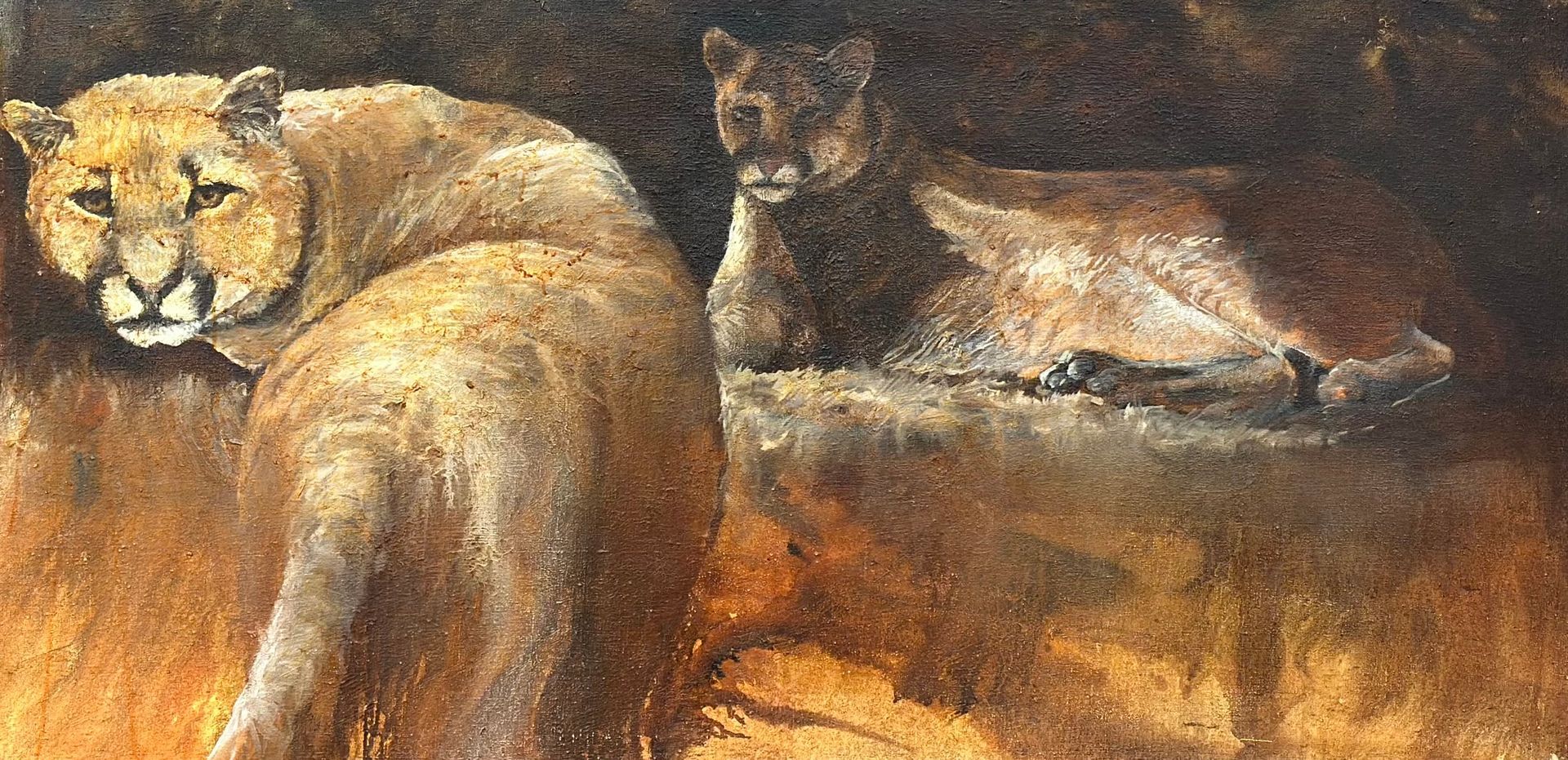 A painting of a lioness and her cub sitting next to each other.