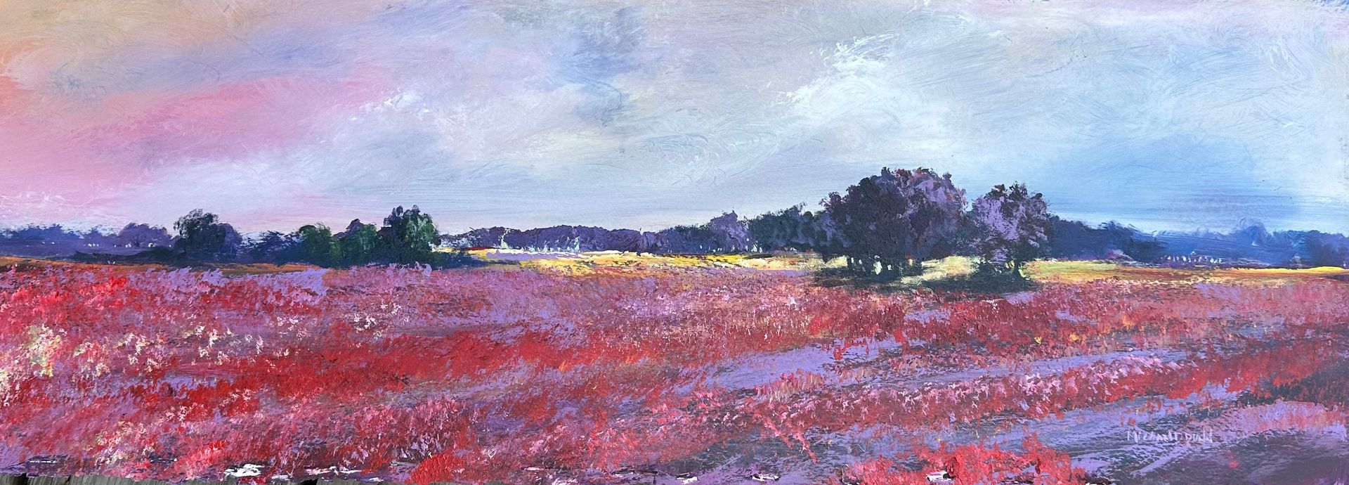 A painting of a field of red flowers with trees in the background.
