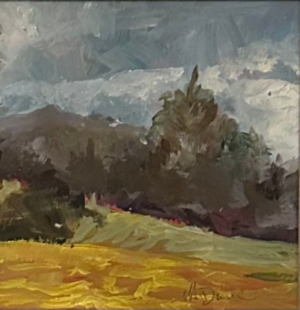 A painting of a field with trees and mountains in the background