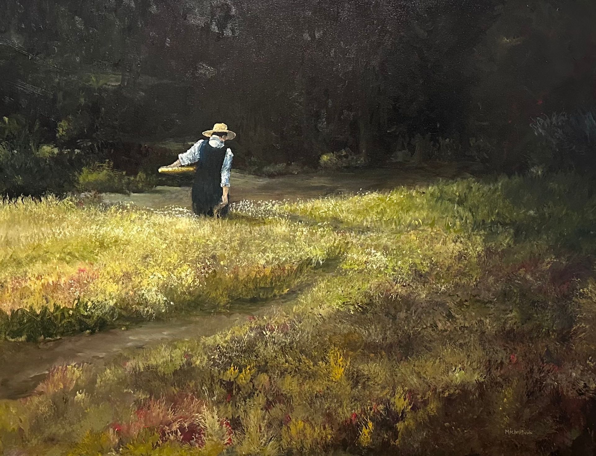 A painting of a man in a hat walking through a field.