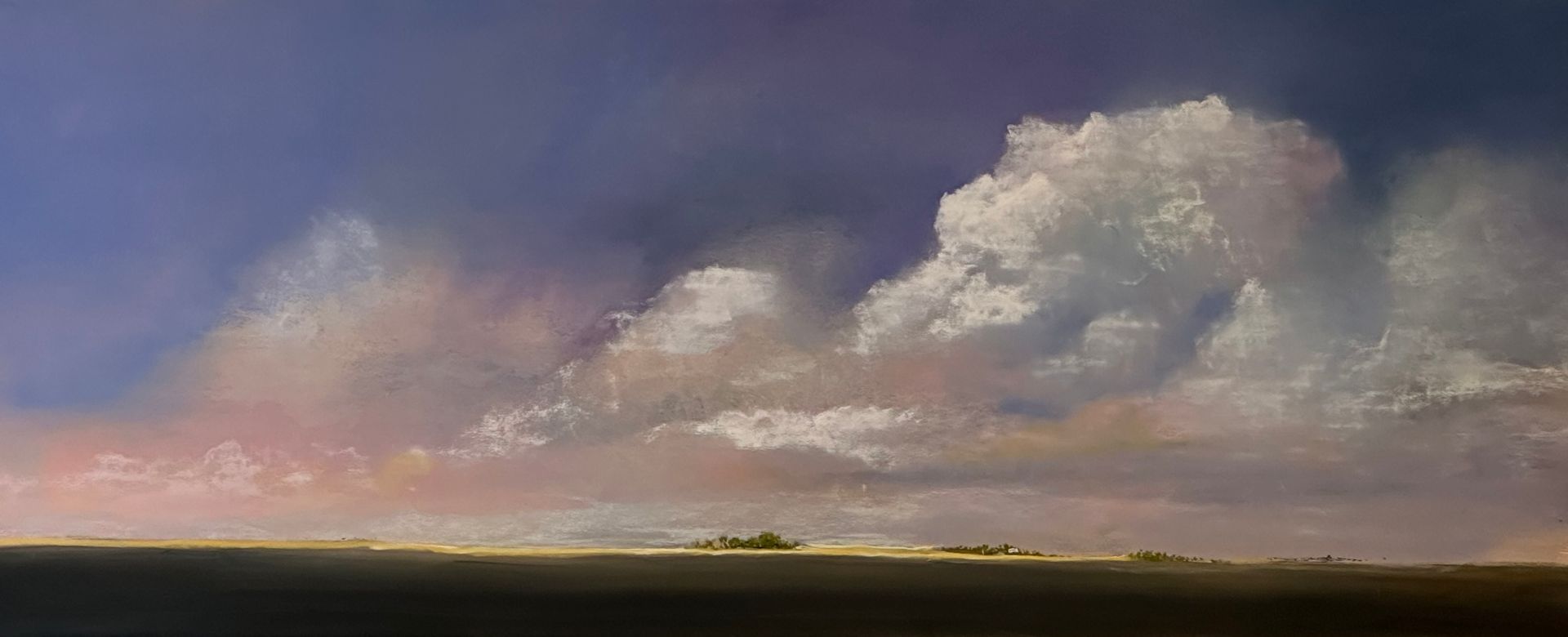 A painting of a cloudy sky over a field.