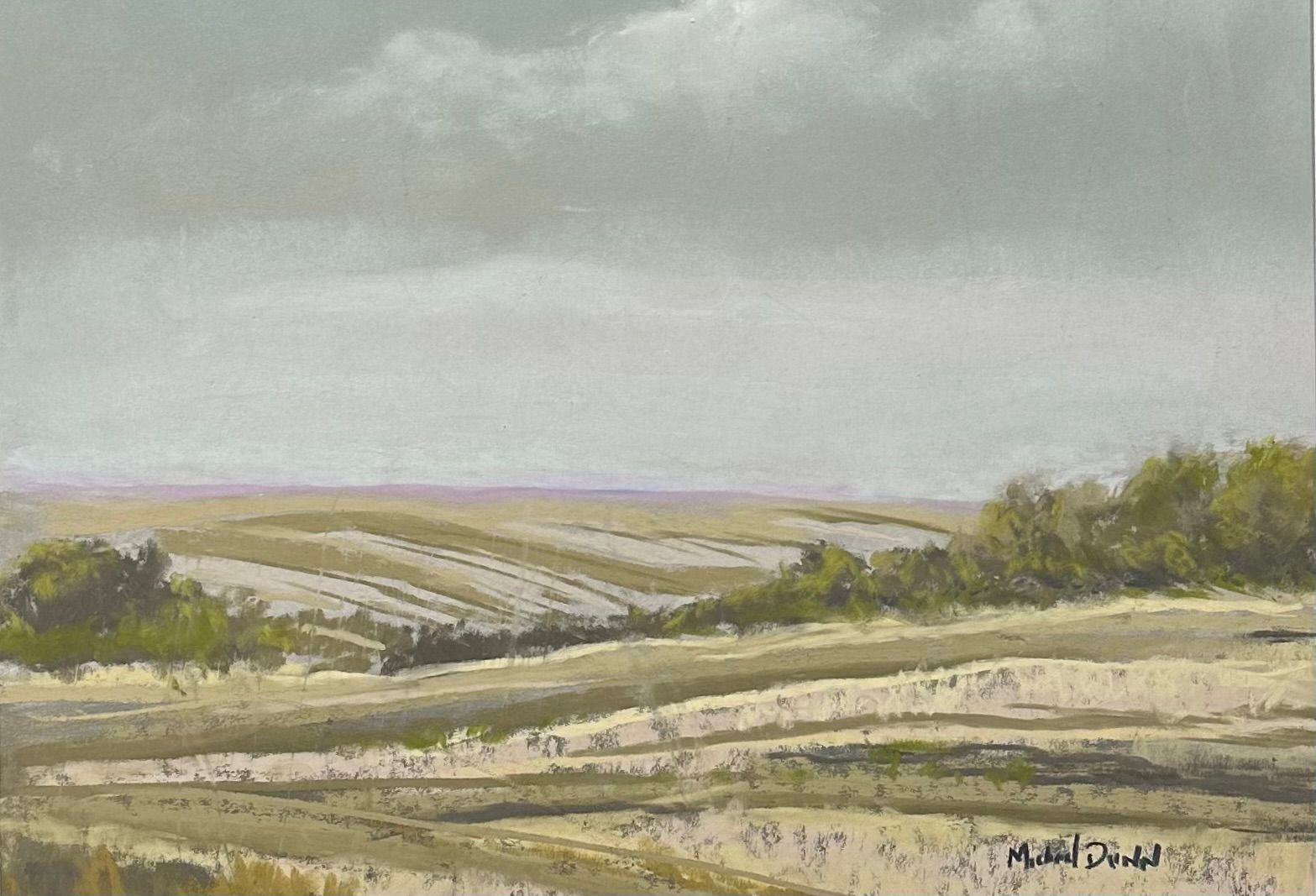 A painting of a field with trees and a cloudy sky