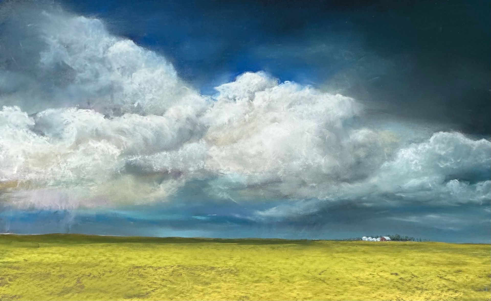 A painting of a field with clouds in the sky.