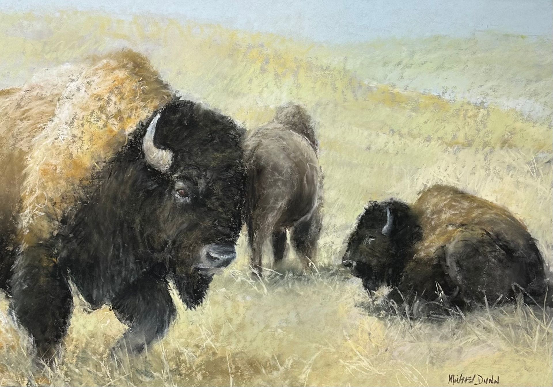 A painting of two bison standing next to each other in a field.