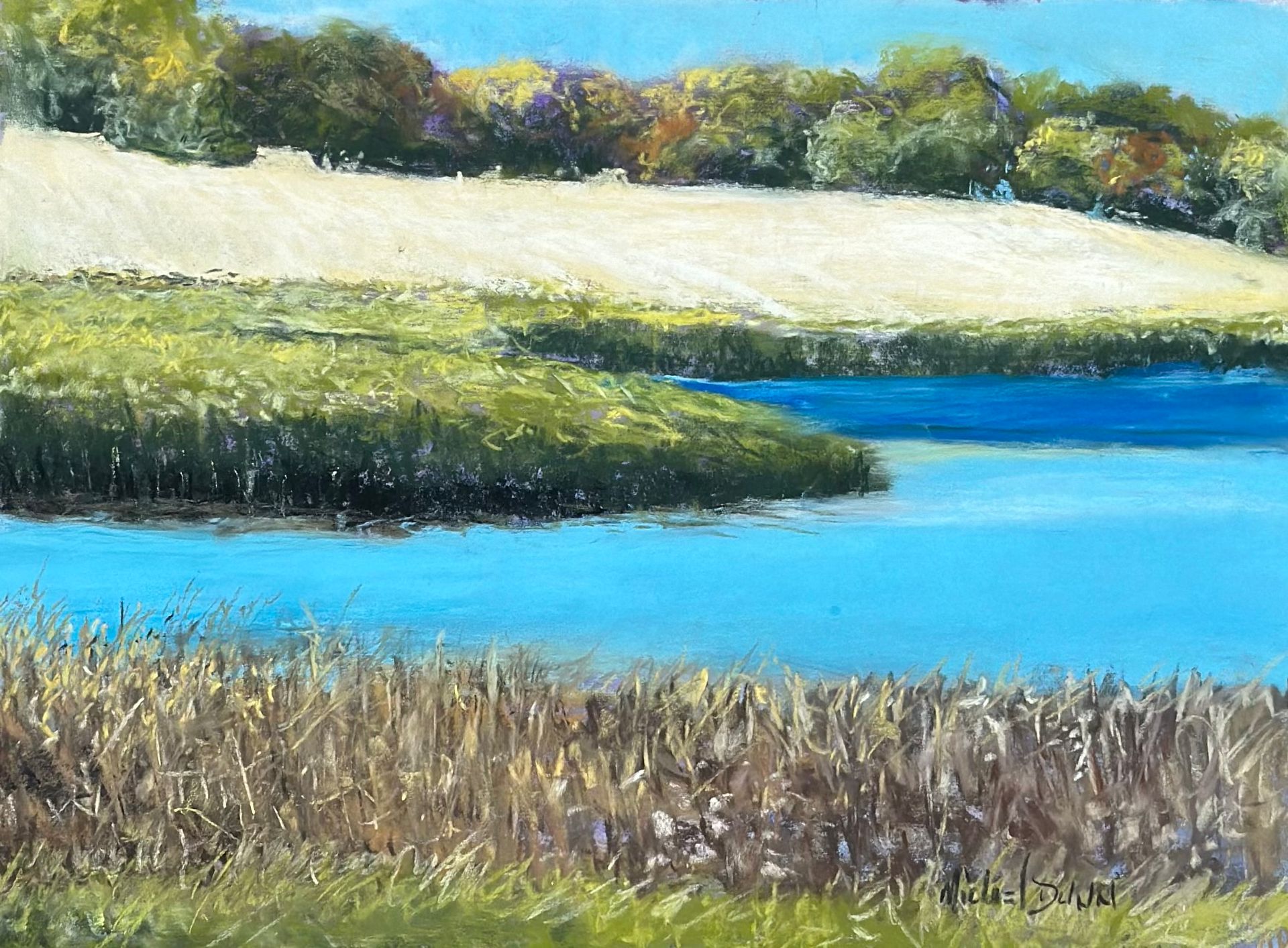 A painting of a body of water surrounded by grass and trees.