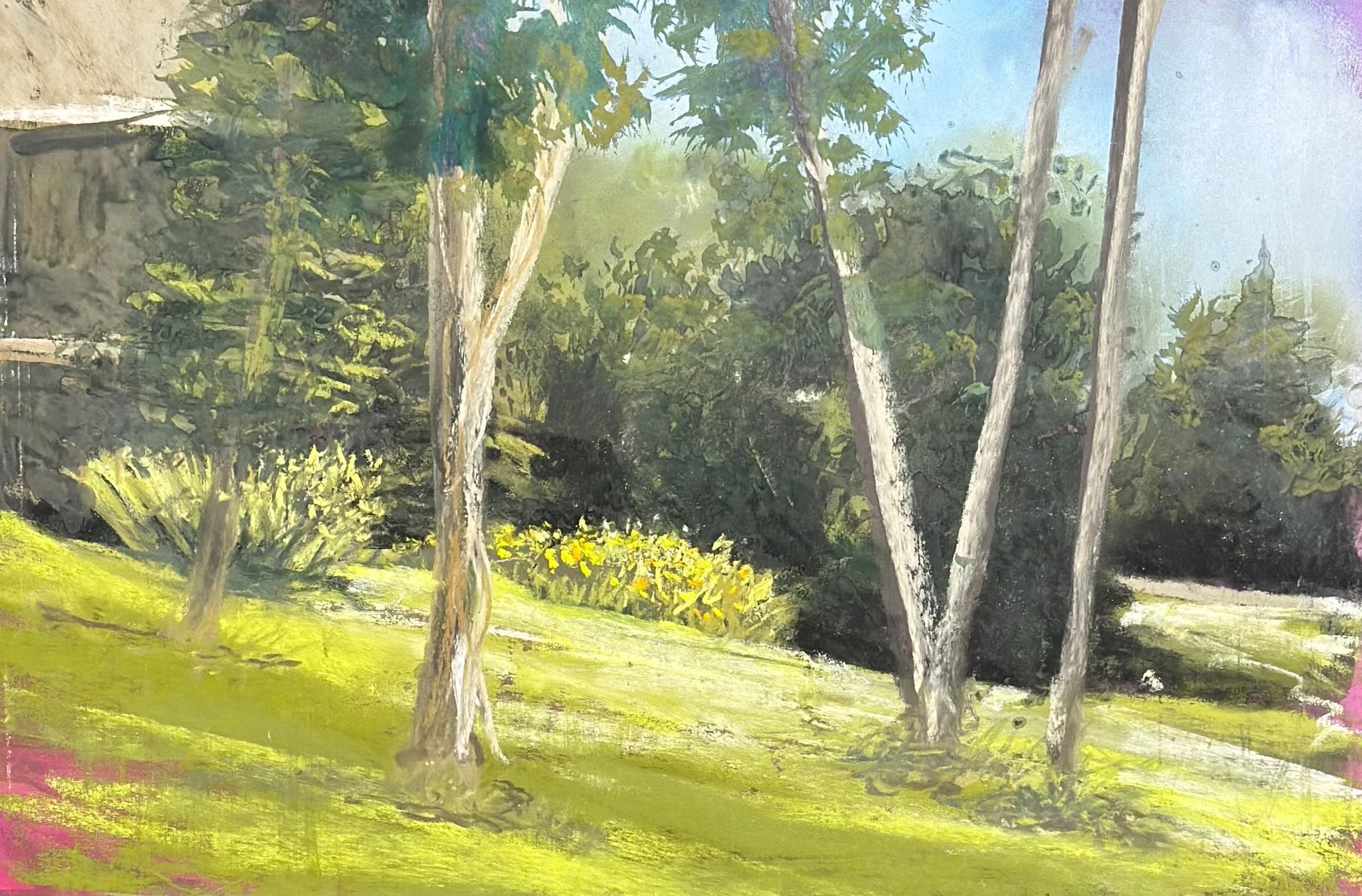 A painting of trees in a grassy field with a house in the background.