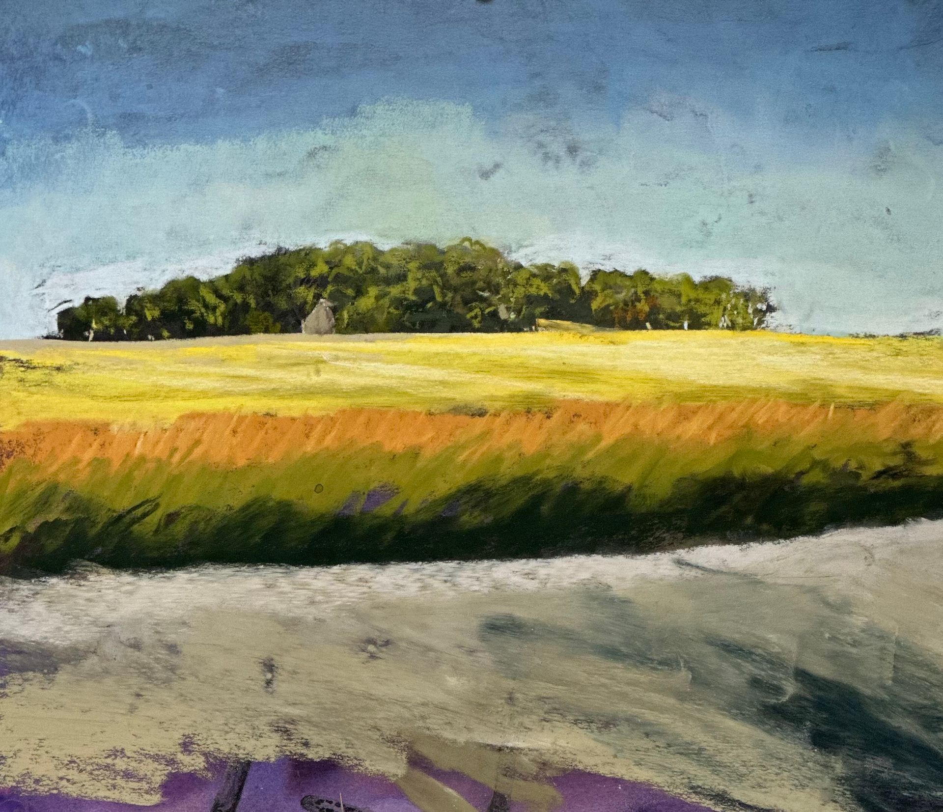 A painting of a field with trees in the background