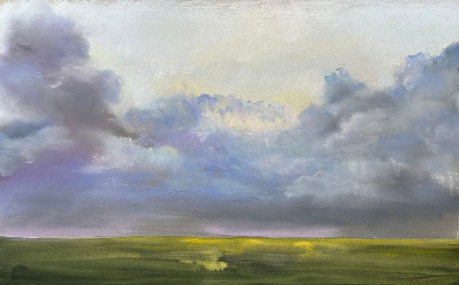 It is a painting of a cloudy sky over a field.