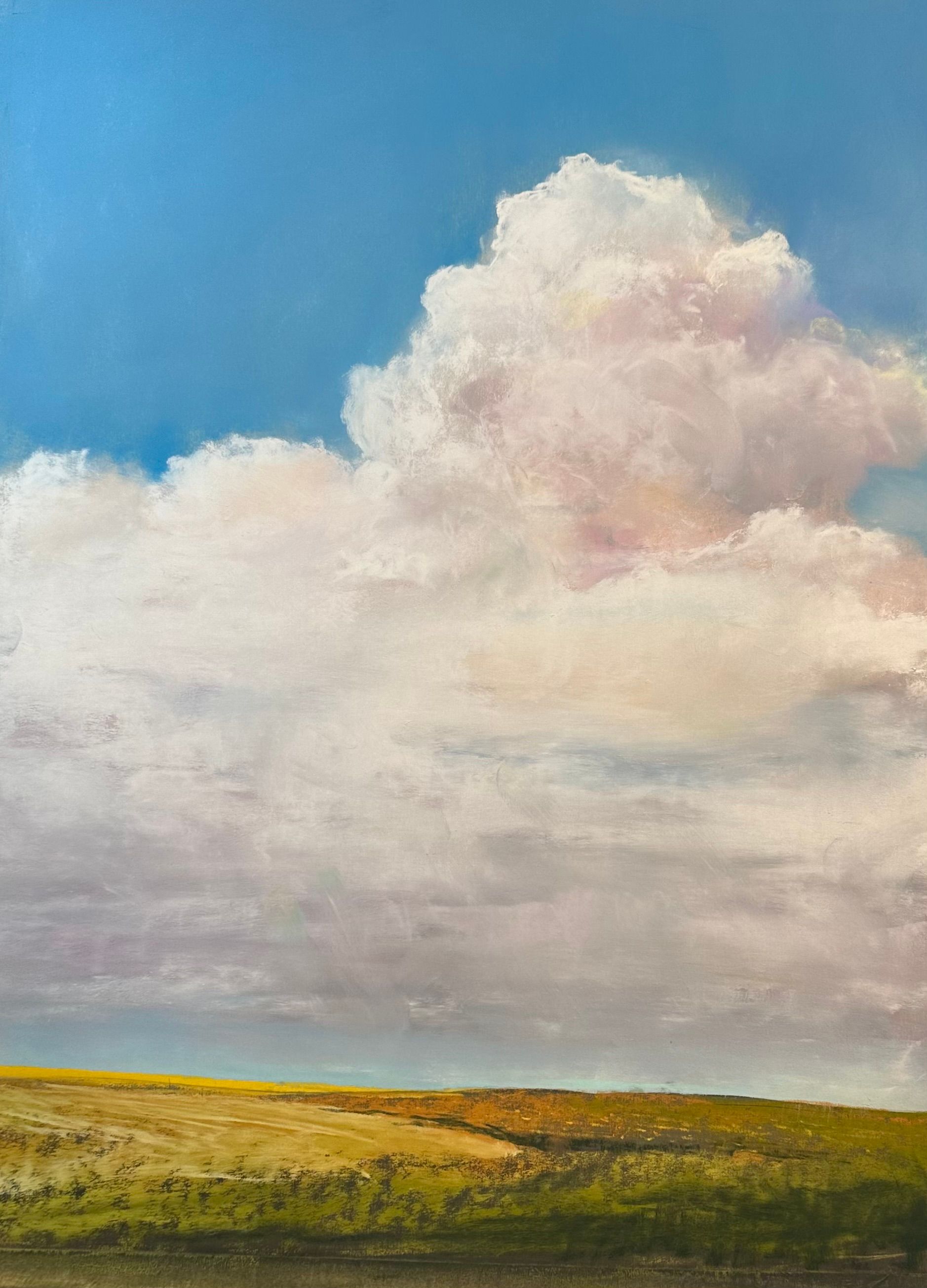 A painting of a cloudy sky over a field.