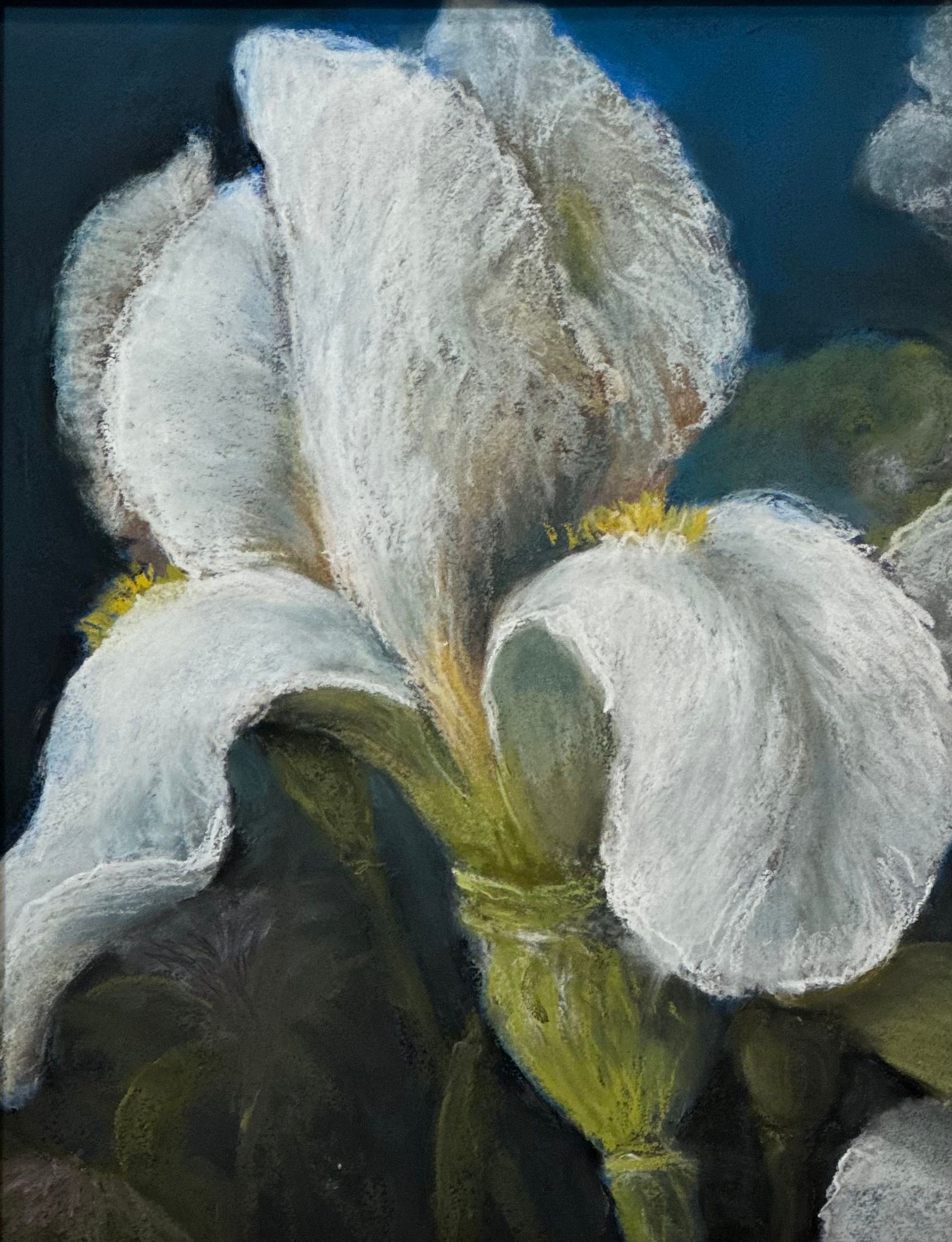 A painting of a white flower with a yellow center