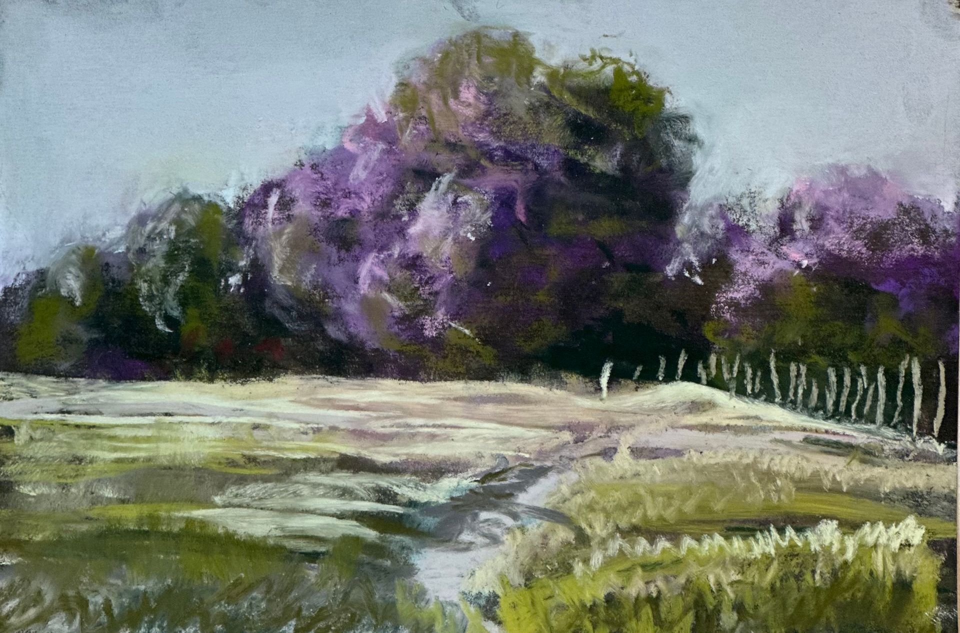 A painting of a field with trees and a fence in the background.