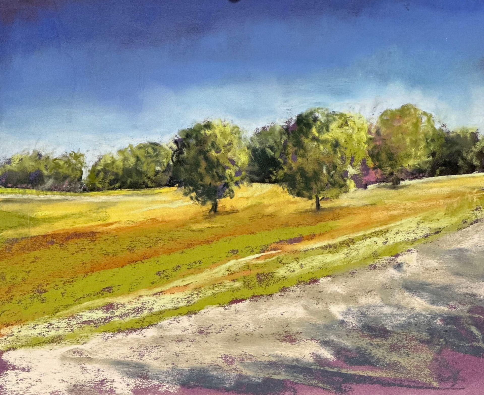 A painting of a field with trees and a dirt road