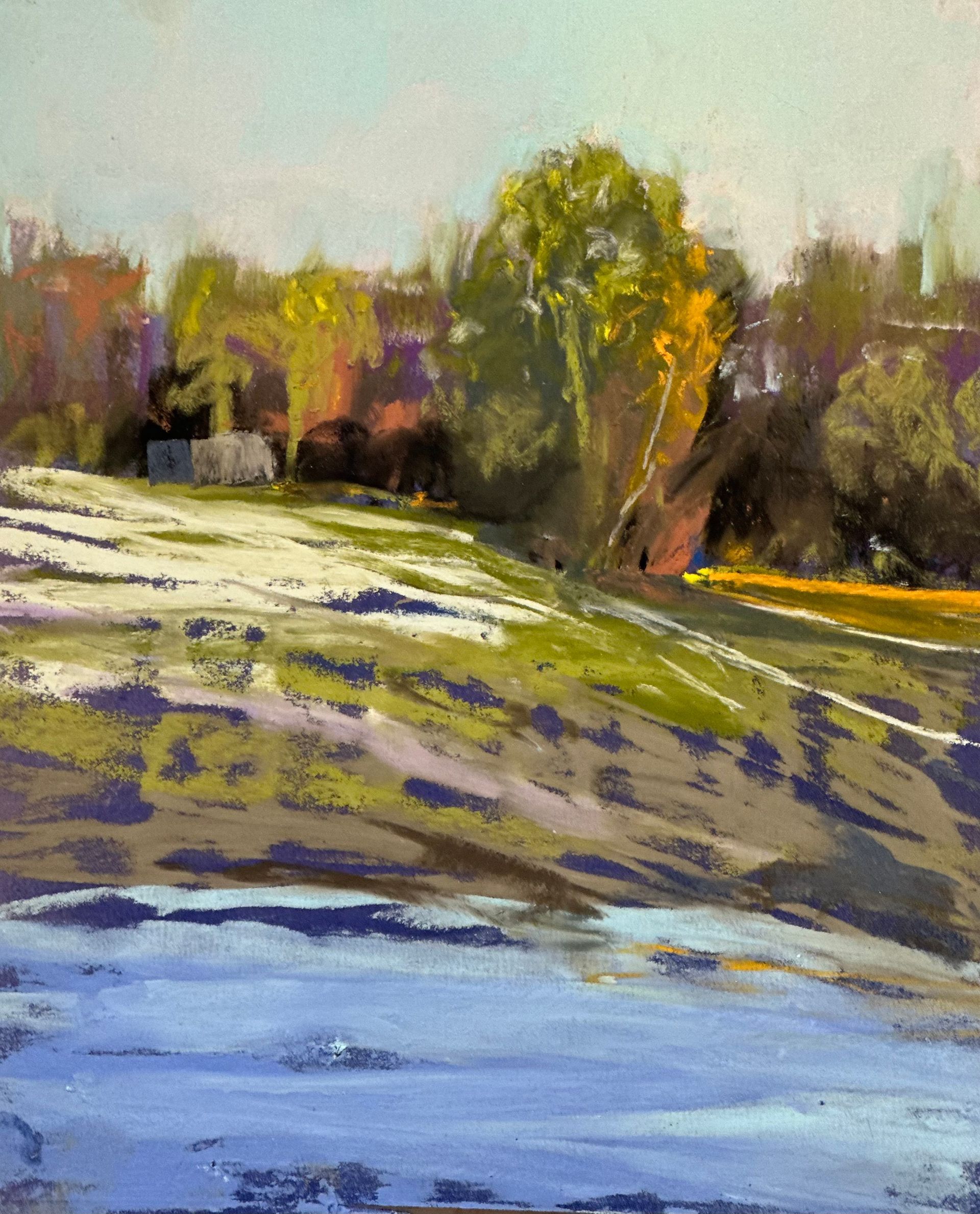 It is a painting of a field with trees in the background.