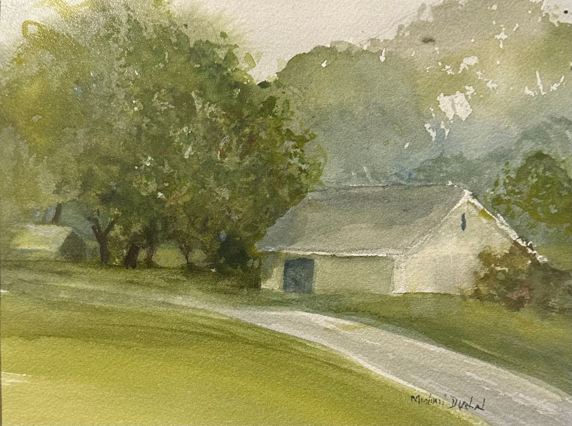 A watercolor painting of a house and a road