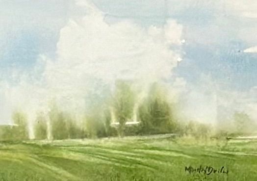 A watercolor painting of a field with trees and clouds in the sky.