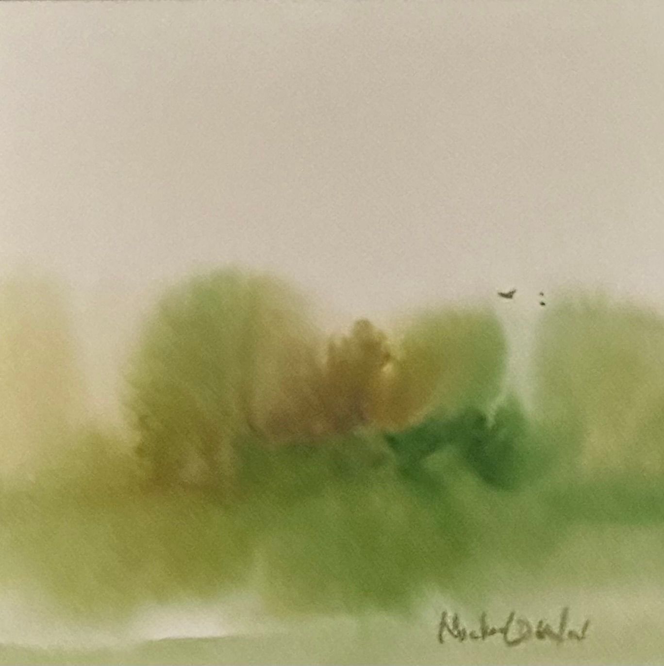 A watercolor painting of a landscape with trees and a bird flying in the distance.