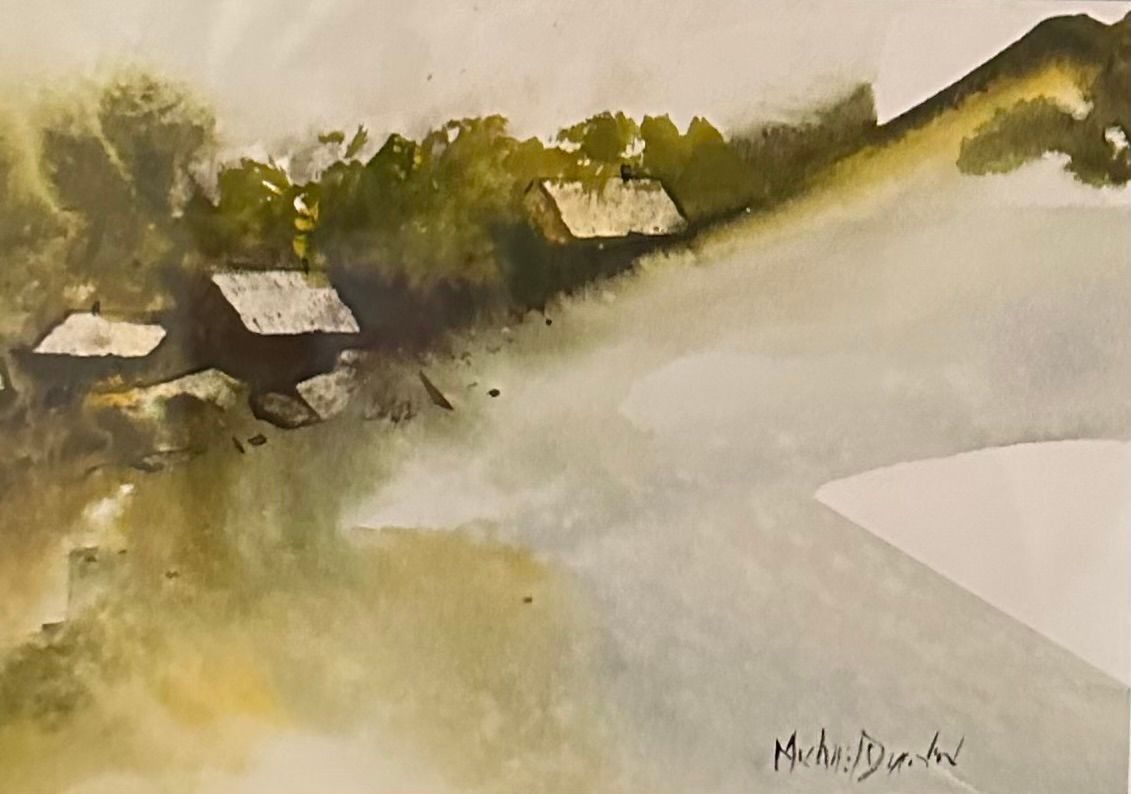 A watercolor painting of a landscape with houses and trees.