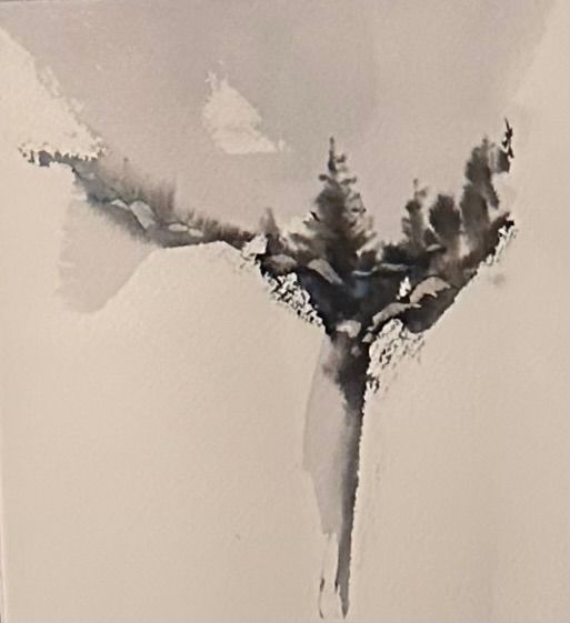 A black and white painting of a tree on a white background.