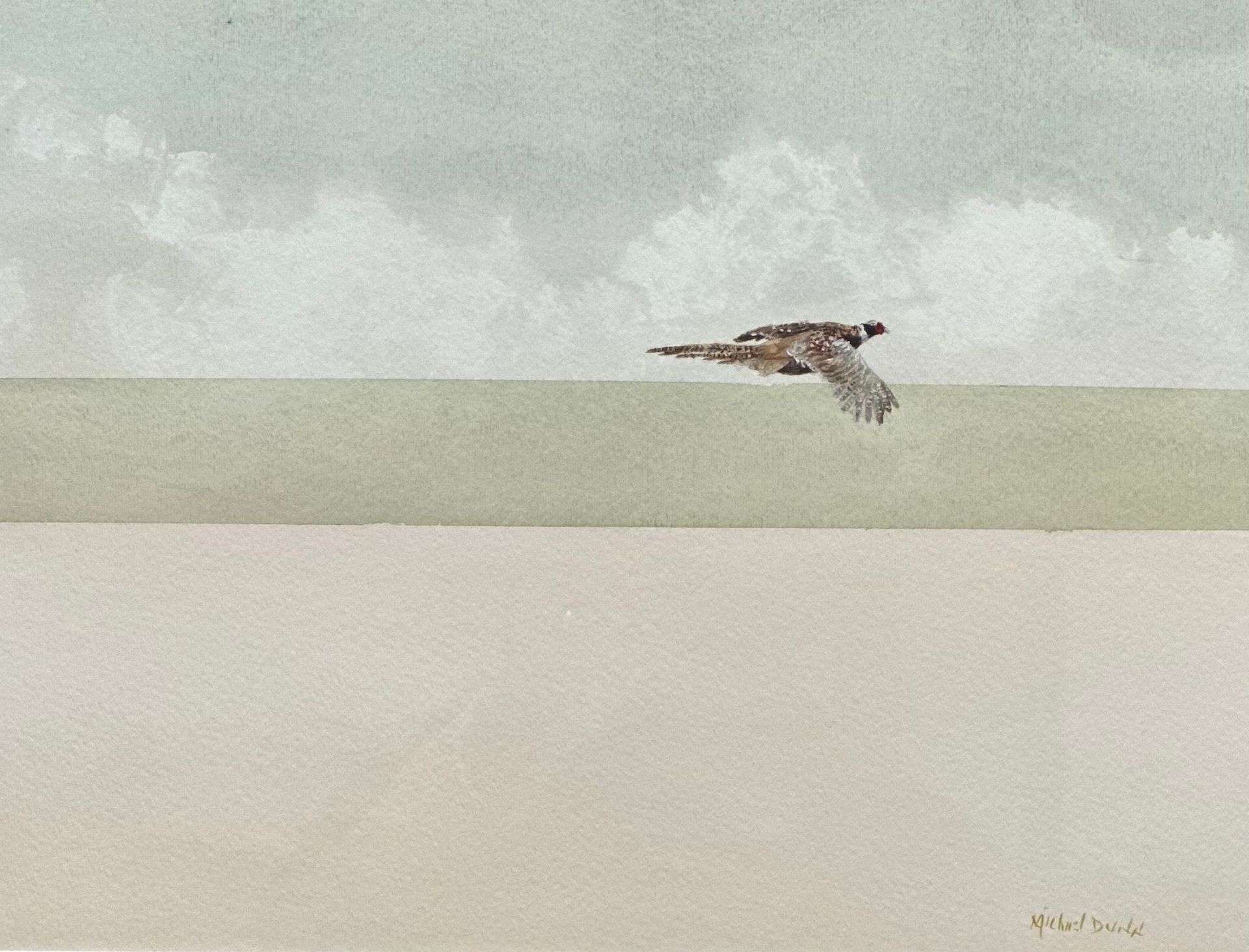 A painting of a bird flying over a field
