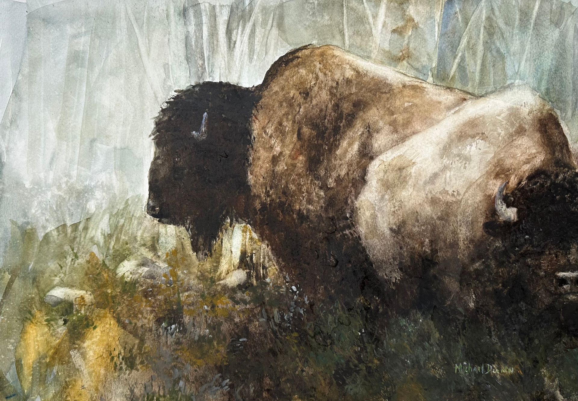 A painting of a bison standing in the grass.