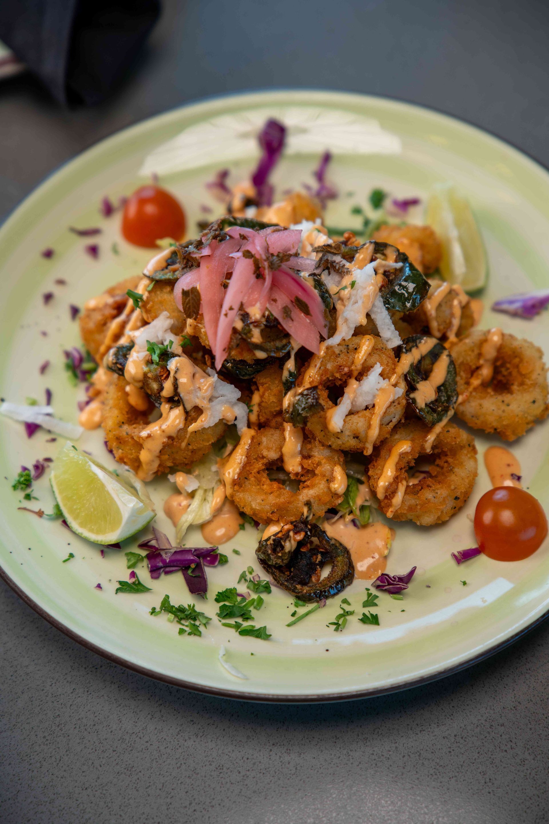 Fried calamari dish on a green plate, with sauce, pickled onions, lime, and tomatoes.