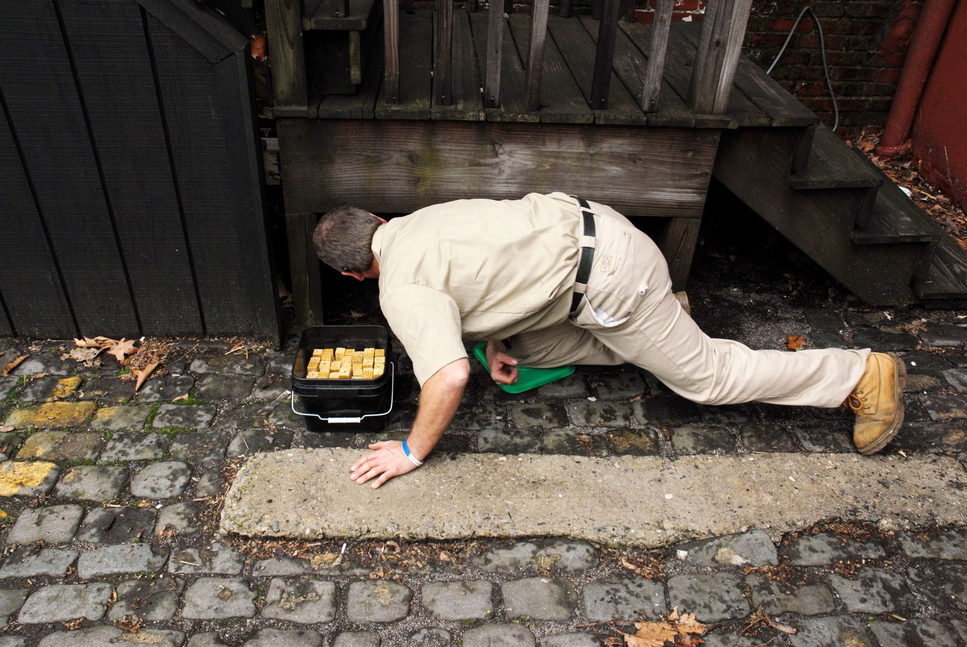 Man looking under wooden stairs, reaching towards a container of food. Outdoor setting with brick walkway.