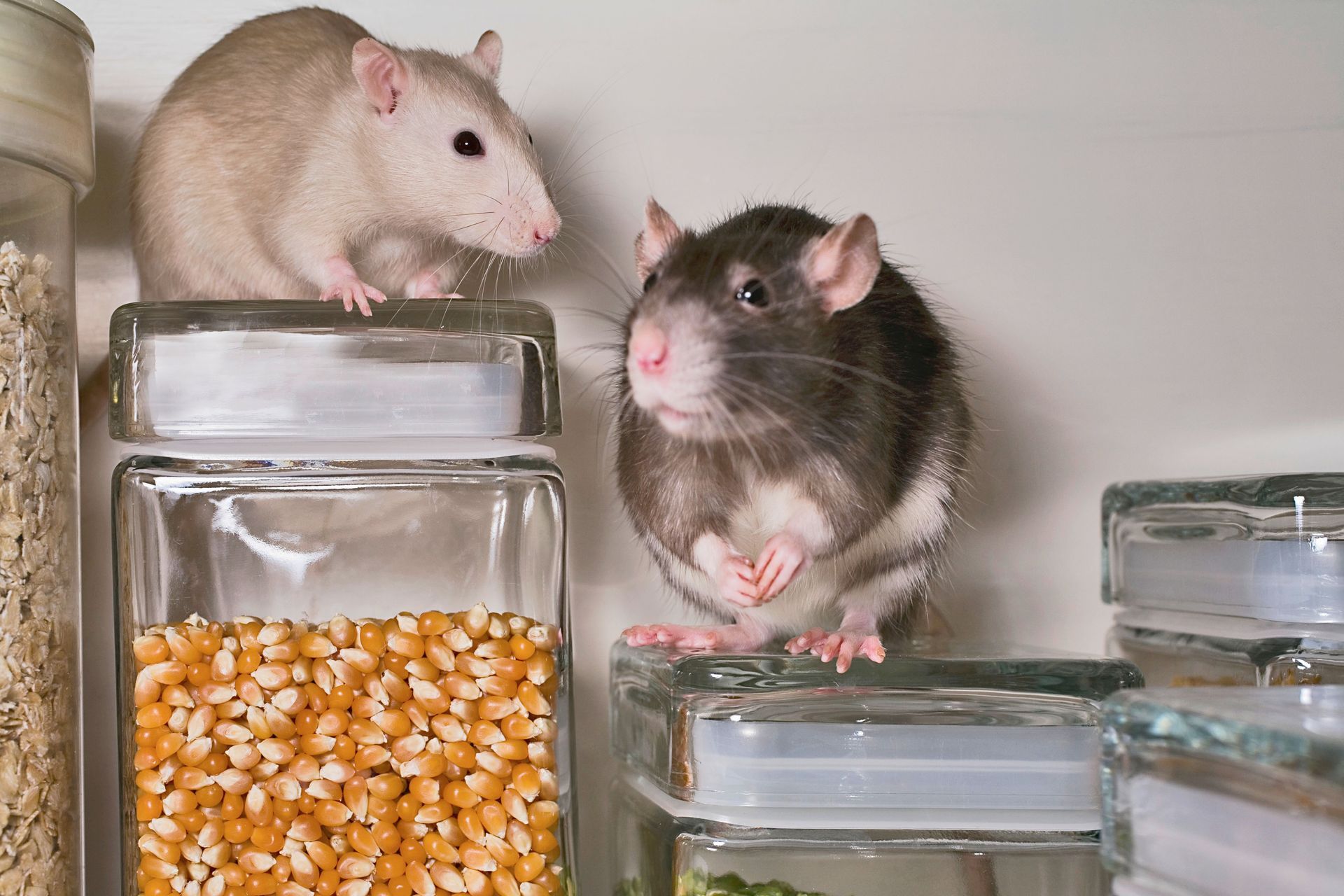 Two rats on glass jars in a pantry, one looking at the other. One is white, the other gray.