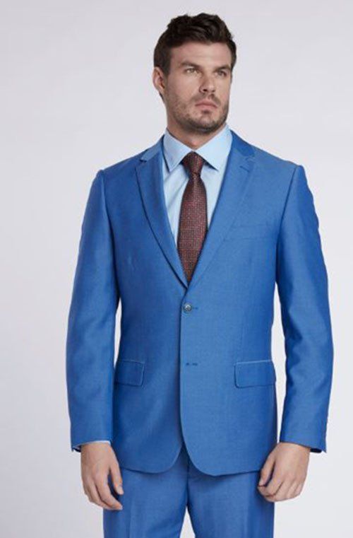 Blue suit with brown necktie