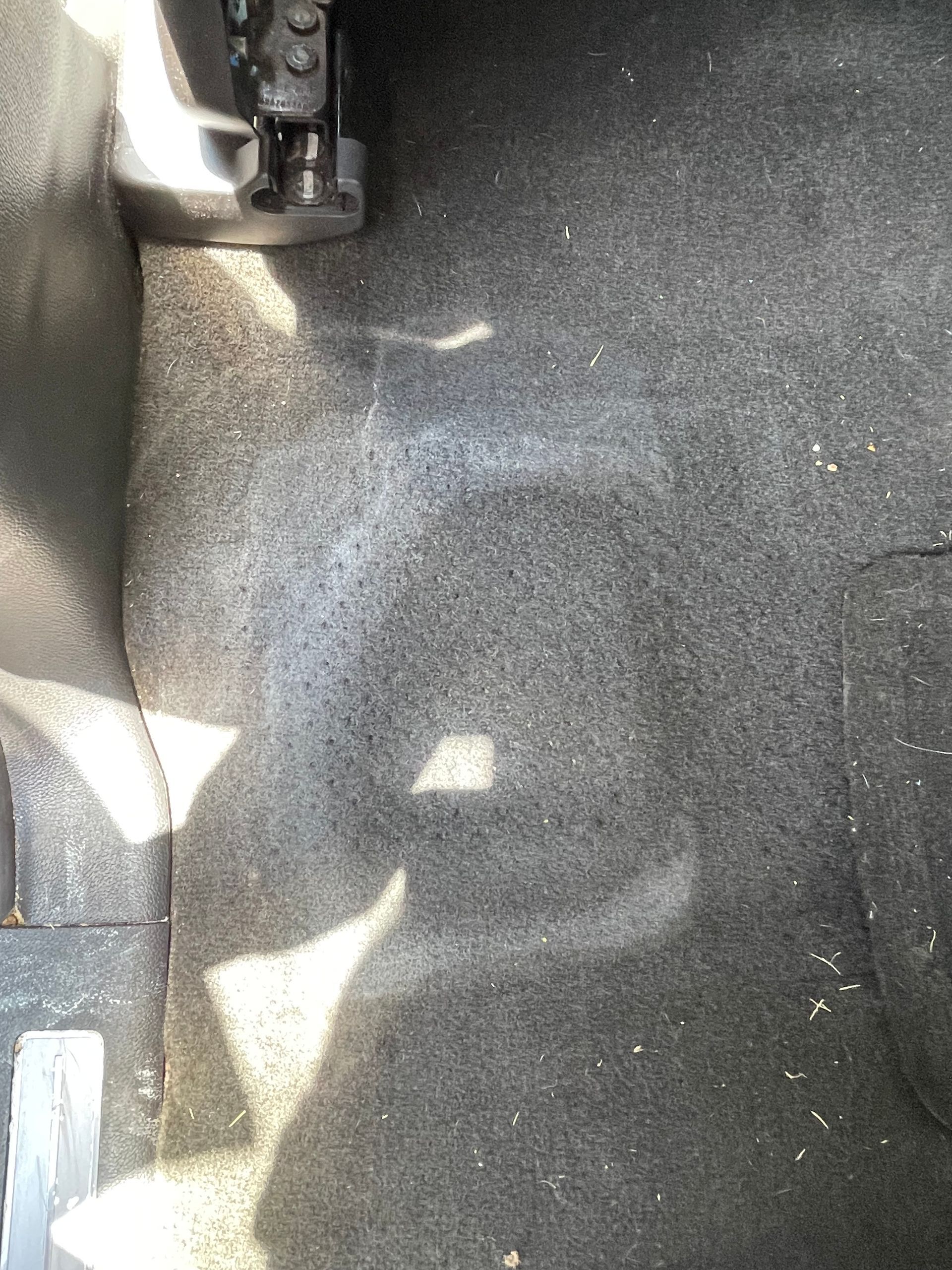Carpeted car floor with a circular, indented area, possibly for a speaker, visible dirt and stains.