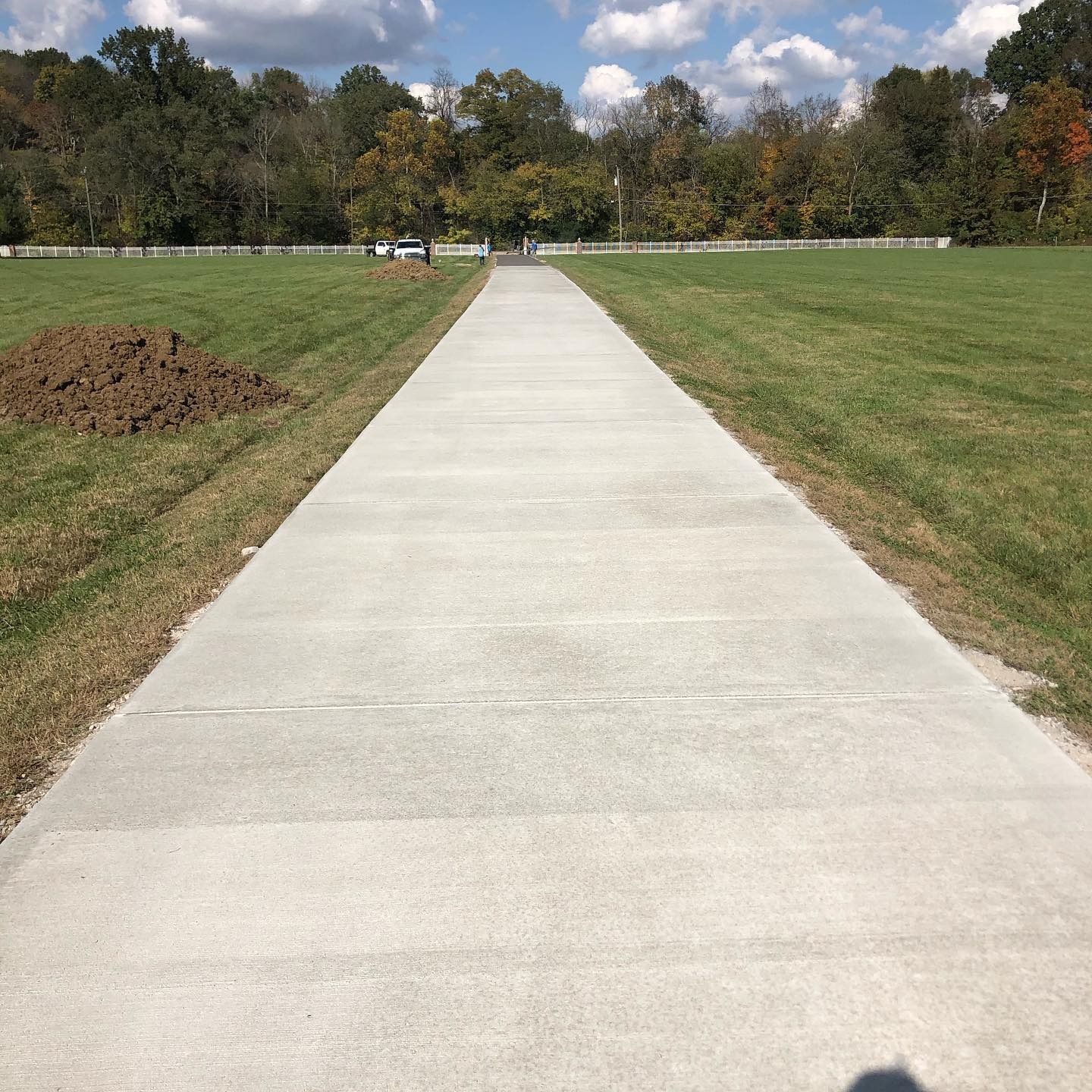 Concrete pathway through grassy field leading to trees, under blue sky.